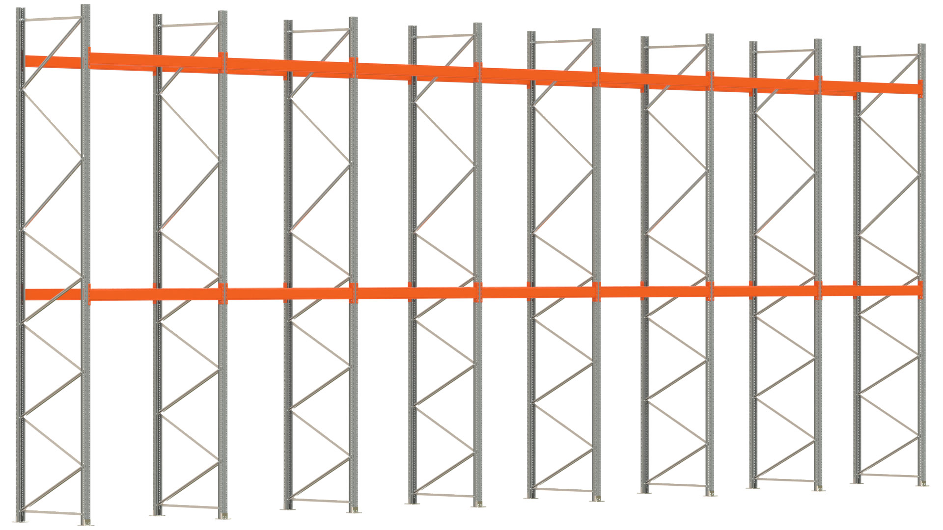 Palettenregal ARTUS - Breite 1398 cm - Höhe 550 cm - Tiefe 110 cm - 2 Träger-Ebenen - max. Fachlast 3000 kg - 42 Palettenstellplätze
