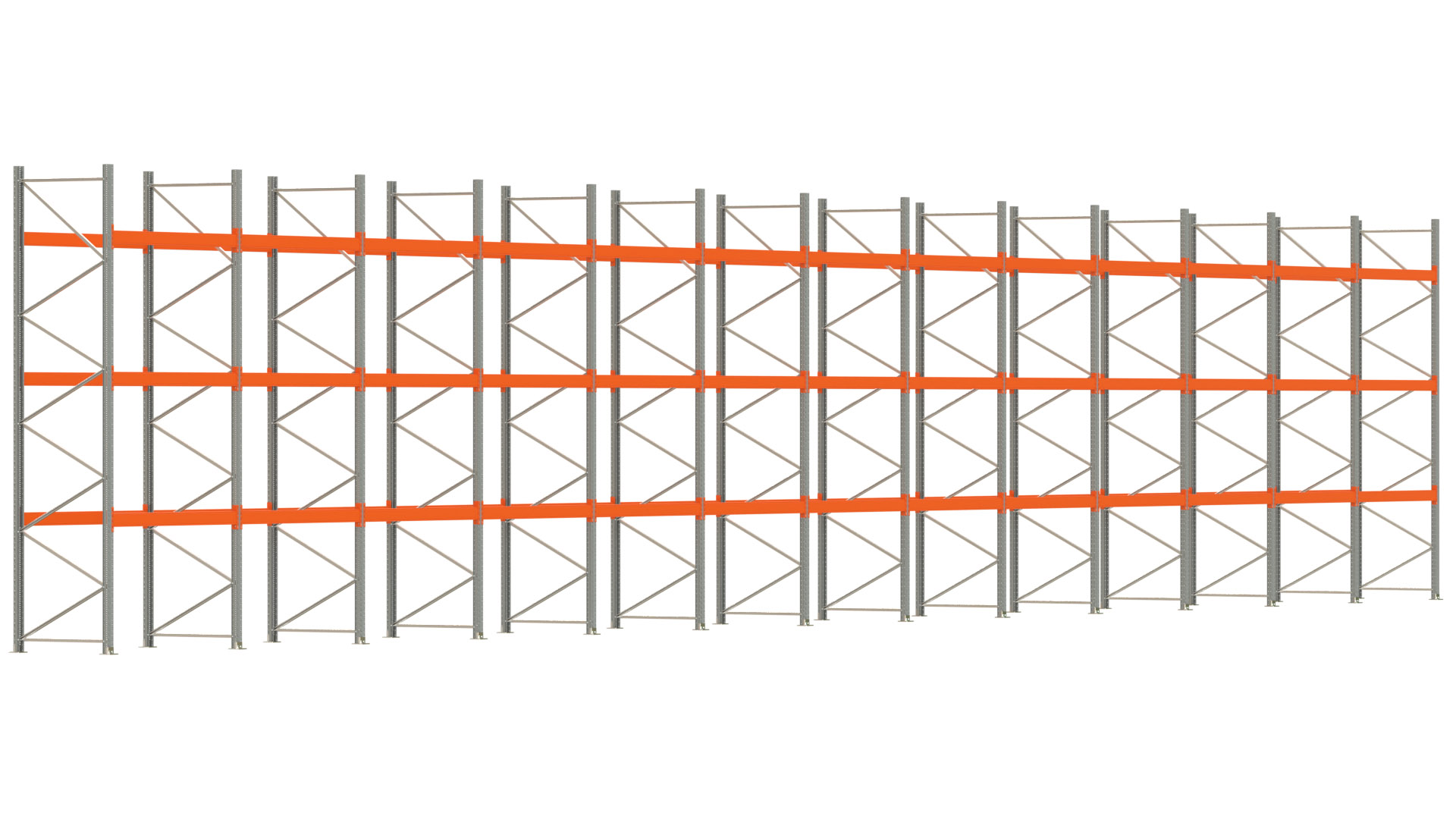 Palettenregal ARTUS - Breite 2589 cm - Höhe 450 cm - Tiefe 110 cm - 3 Träger-Ebenen - max. Fachlast 3000 kg - 104 Palettenstellplätze