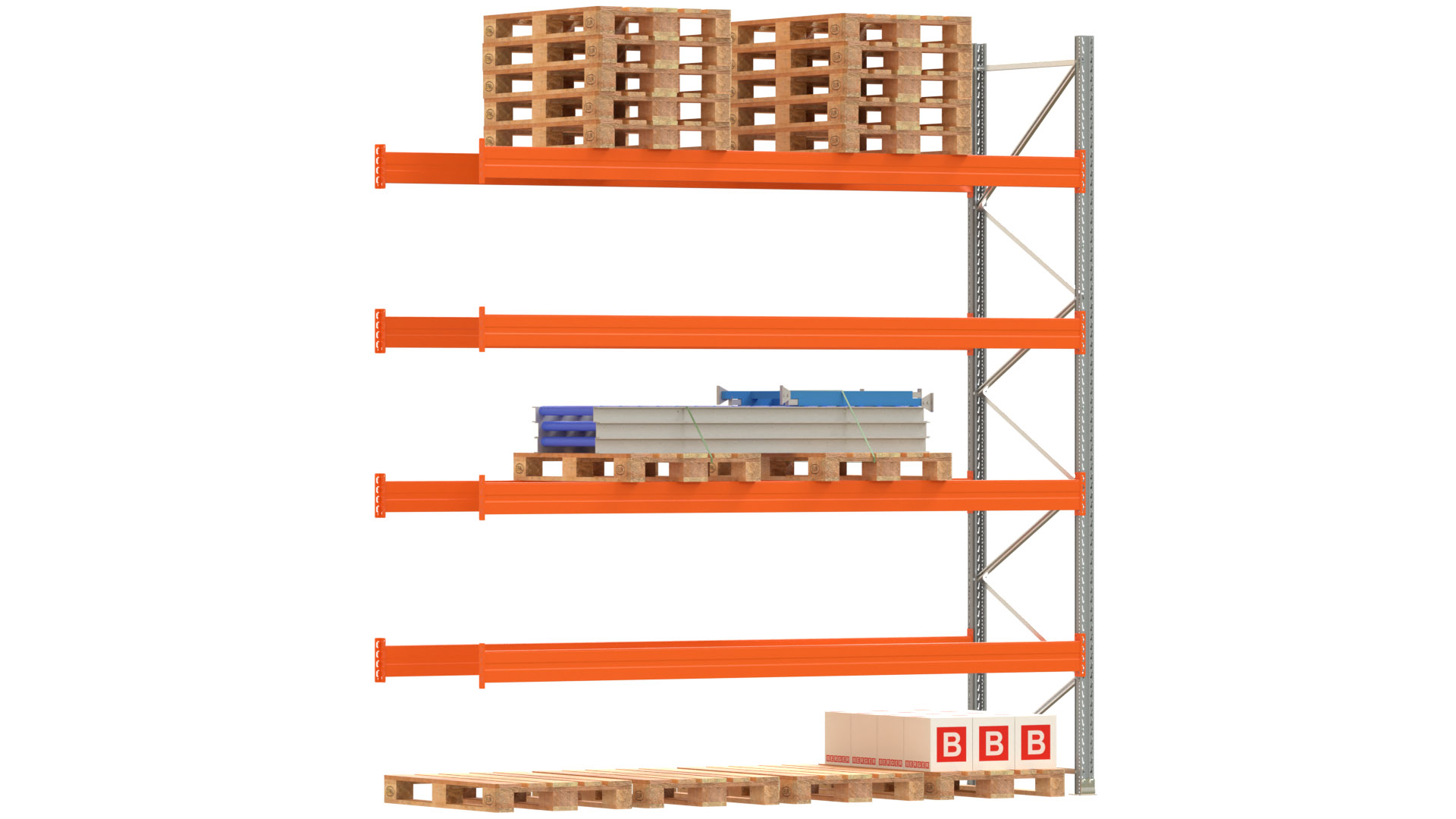 Palettenregal ARTUS - Anbaufeld - Breite 368,5 cm - Höhe 400 cm - Tiefe 110 cm - 4 Träger Ebenen