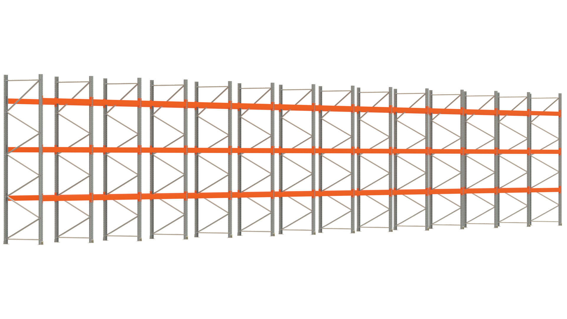 Palettenregal ARTUS - Breite 2589 cm - Höhe 400 cm - Tiefe 110 cm - 3 Träger-Ebenen - max. Fachlast 3000 kg - 104 Palettenstellplätze