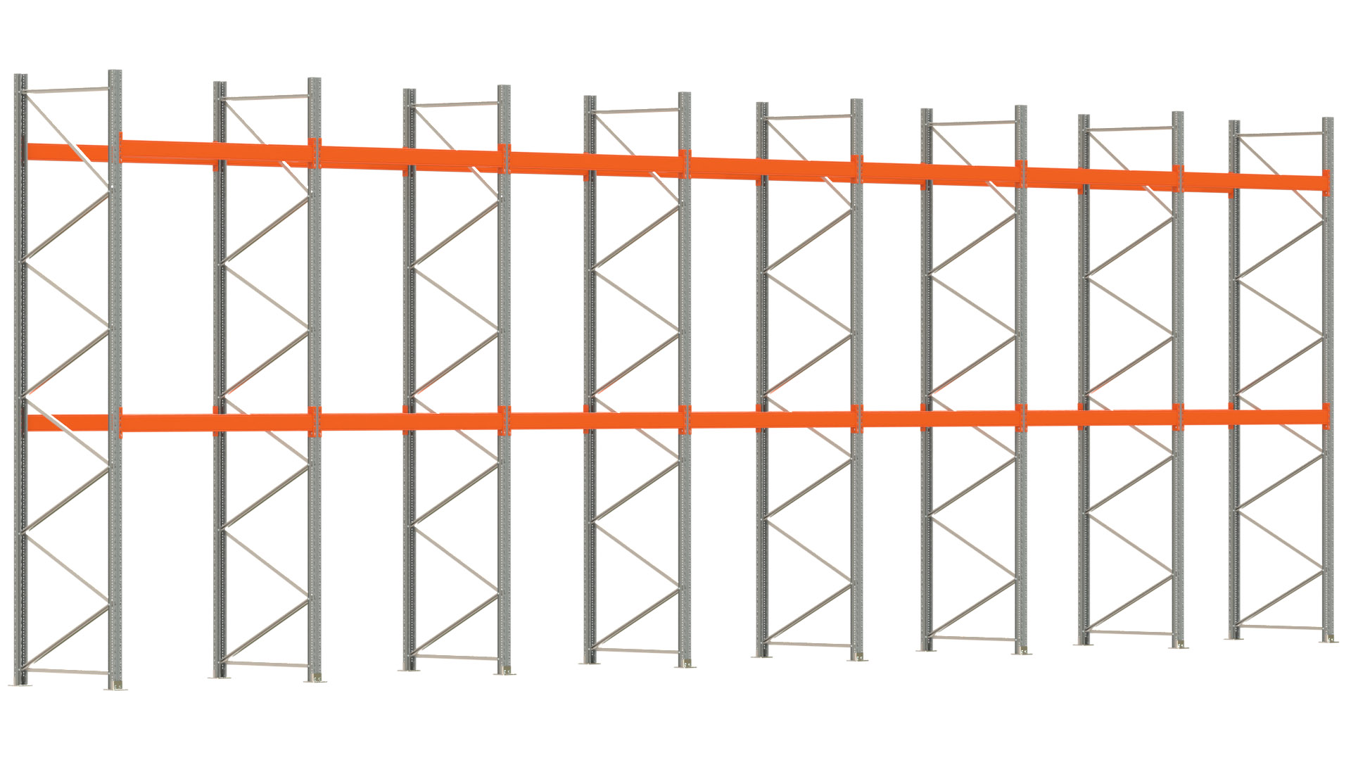 Palettenregal ARTUS - Breite 1398 cm - Höhe 450 cm - Tiefe 110 cm - 2 Träger-Ebenen - max. Fachlast 3000 kg - 42 Palettenstellplätze