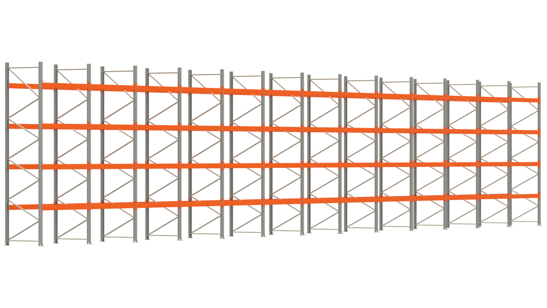 Palettenregal ARTUS - Breite 2589 cm - Höhe 450 cm - Tiefe 110 cm - 4 Träger-Ebenen - max. Fachlast 3000 kg - 130 Palettenstellplätze