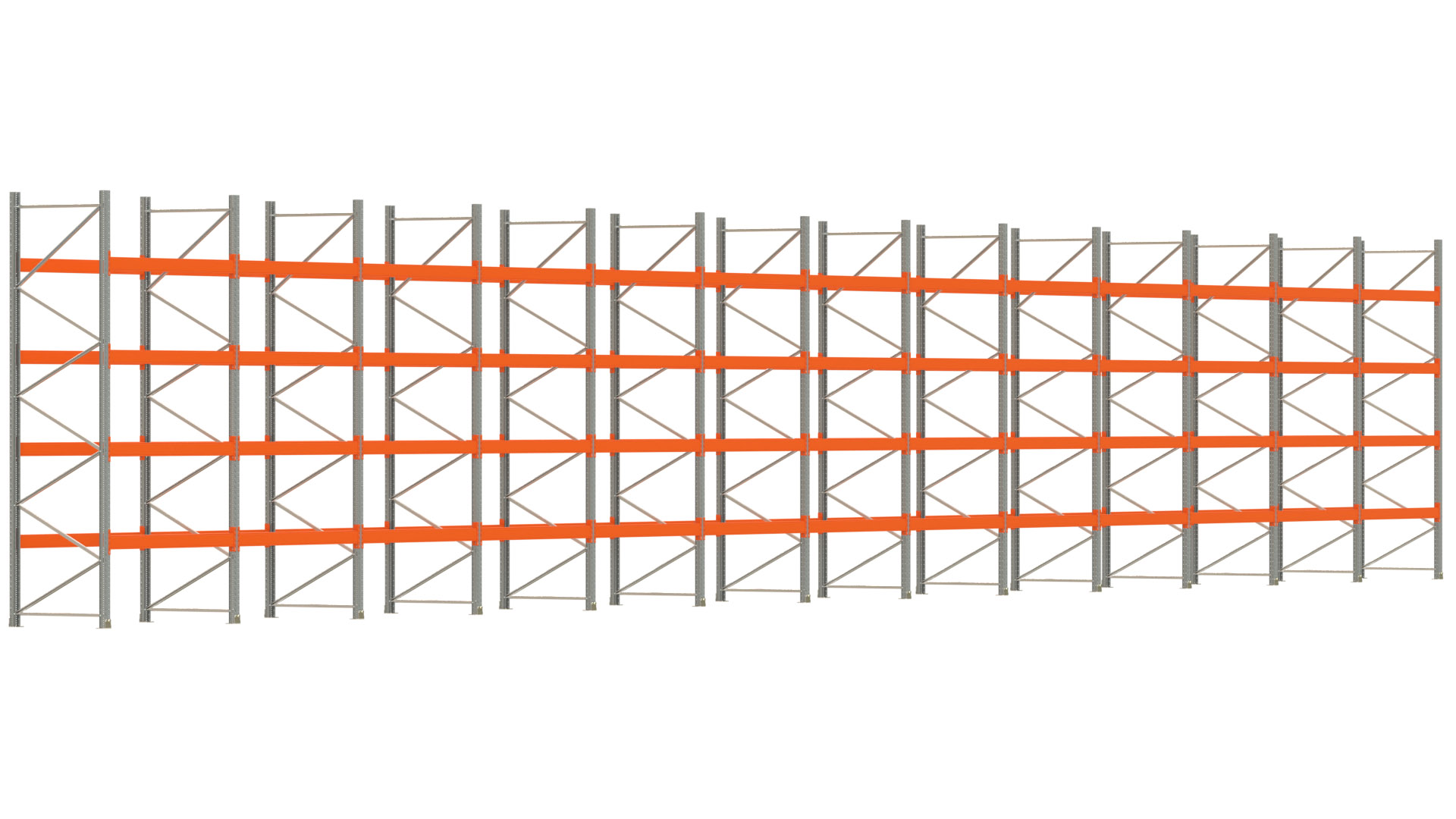 Palettenregal ARTUS - Breite 2589 cm - Höhe 400 cm - Tiefe 110 cm - 4 Träger-Ebenen - max. Fachlast 3000 kg - 130 Palettenstellplätze