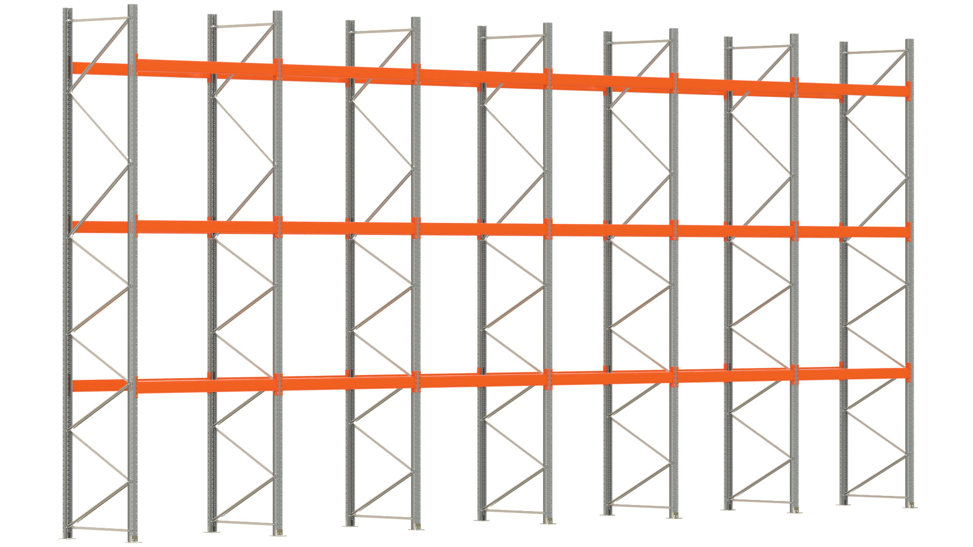 Palettenregal ARTUS - Breite 1199,5 cm - Höhe 550 cm - Tiefe 110 cm - 3 Träger-Ebenen - max. Fachlast 3000 kg - 48 Palettenstellplätze